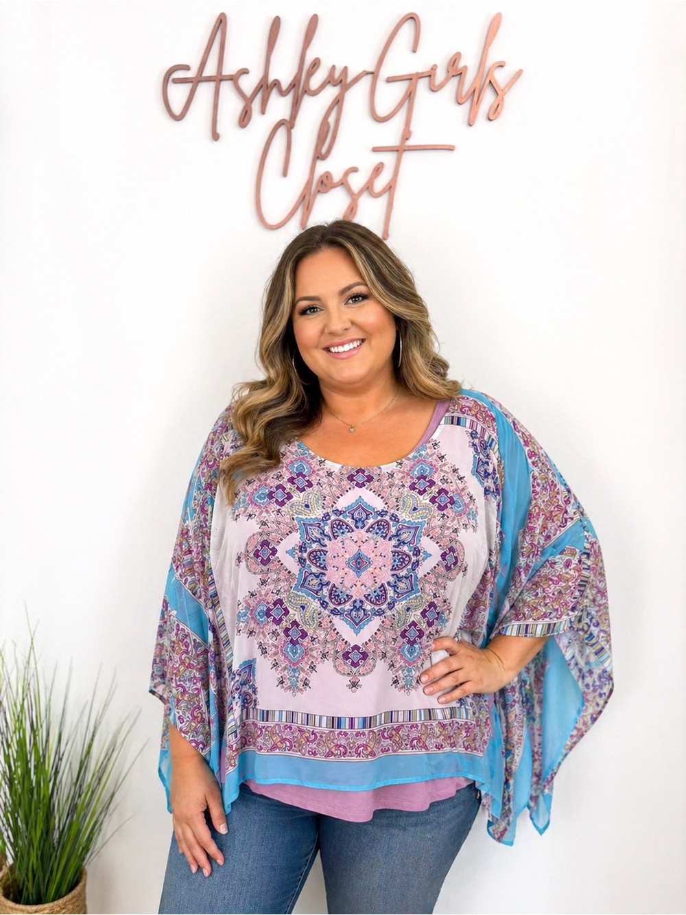Boho Mandala Print Flowy Top Size 2X | Pastel Pink & Blue | Lightweight